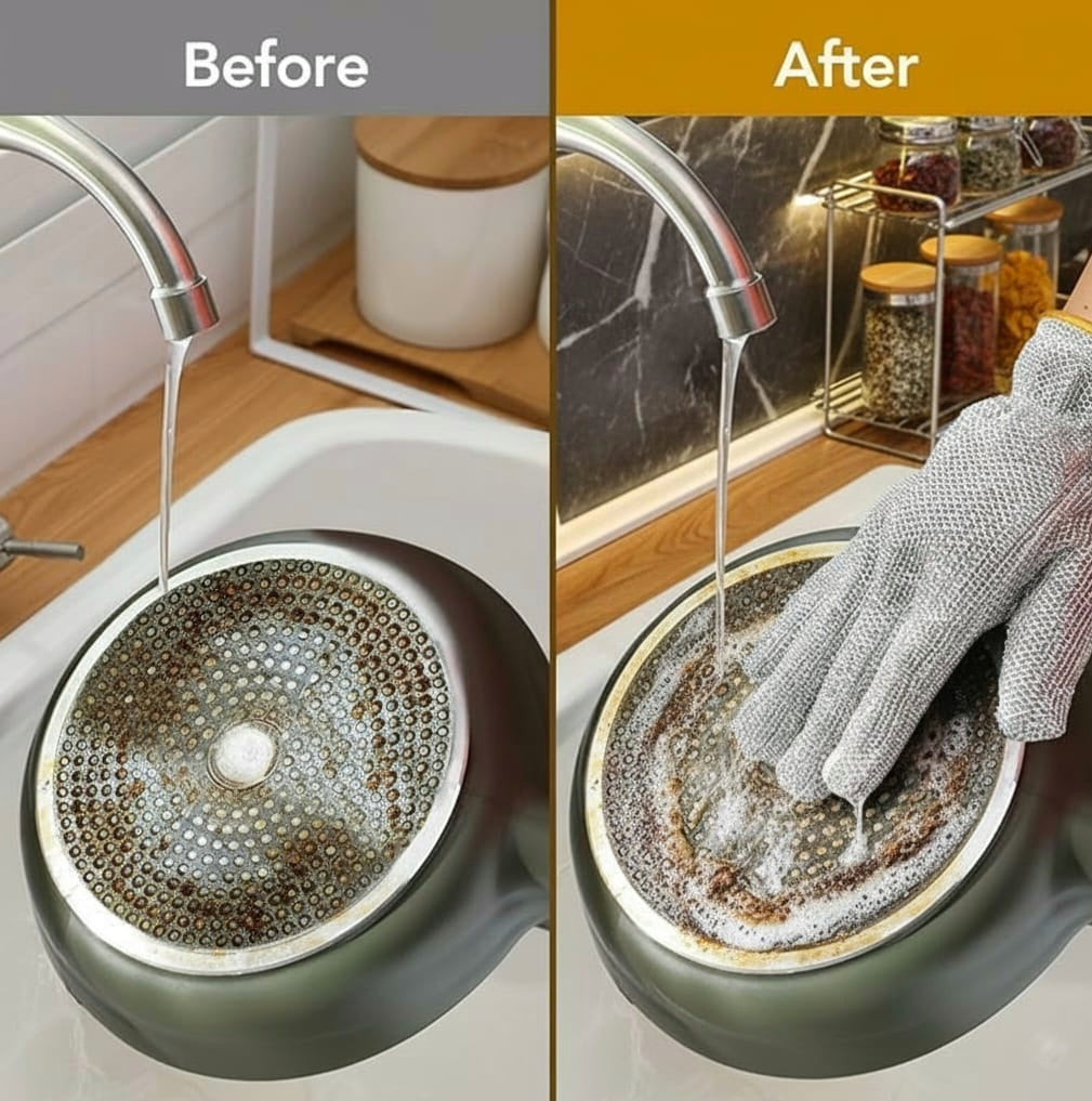 Stainless Steel Dishwashing Gloves with Built-in Scrubber – Reusable, Non-Scratch & Durable Cleaning Gloves for Dishes & Utensils